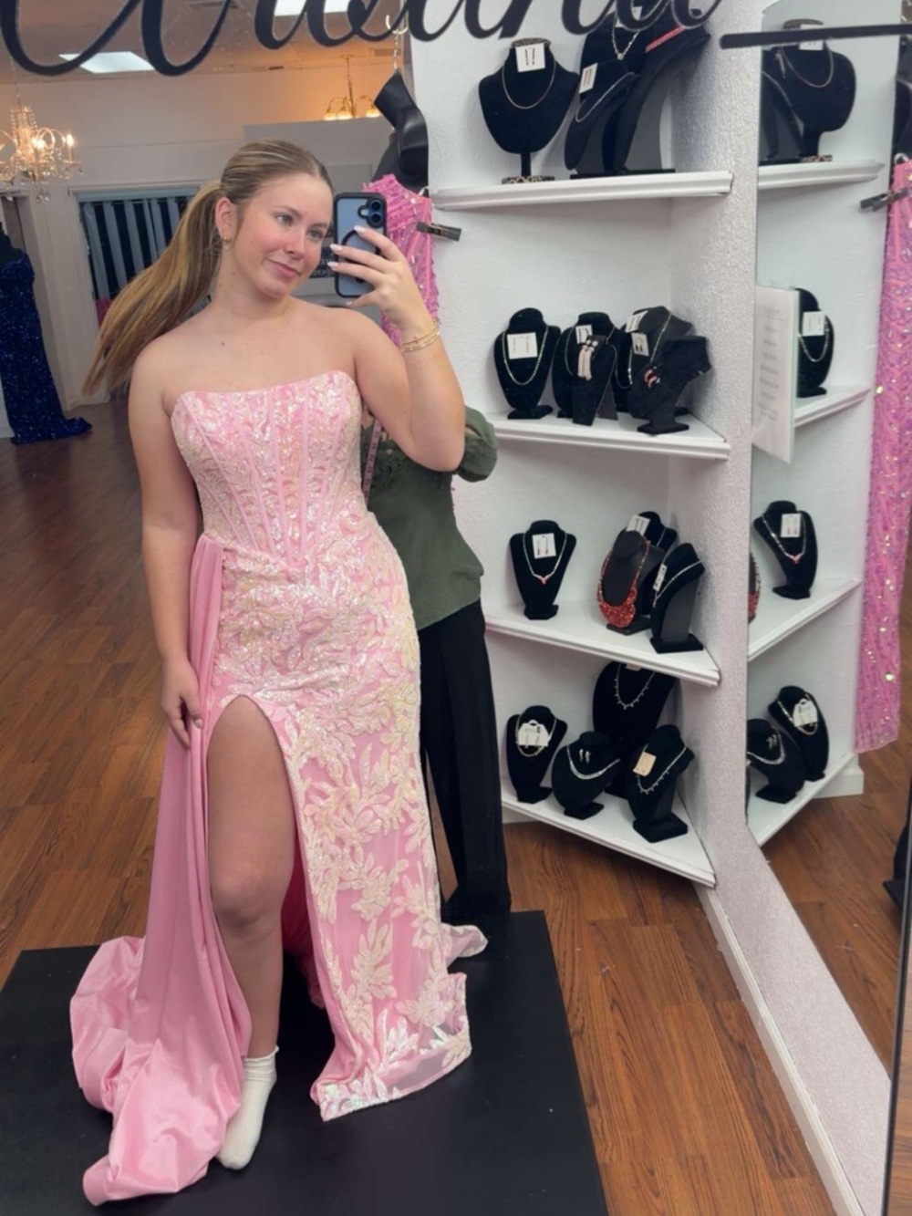 Strapless Pink Embroidered Prom Gown with Leg Slit